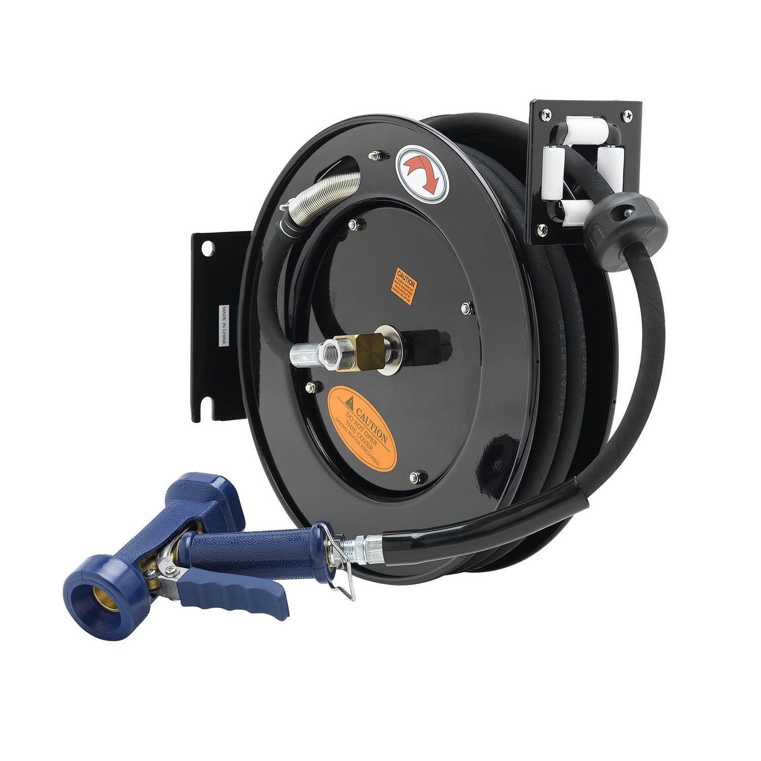 T&S Brass Hose Reel, Open, Epoxy Coated Steel, 3/4 x 50' Hose, 7/16 Rear  Trigger Water Gun